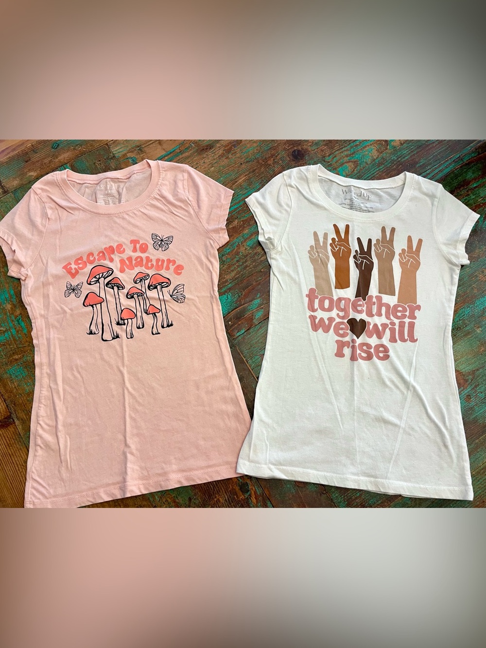 2 Girls Fitted T-Shirts “Together We Rise” Peace and “Escape to Nature” XS S